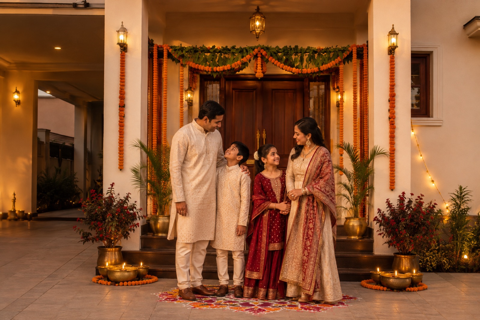 The family together at the entrance of their new home