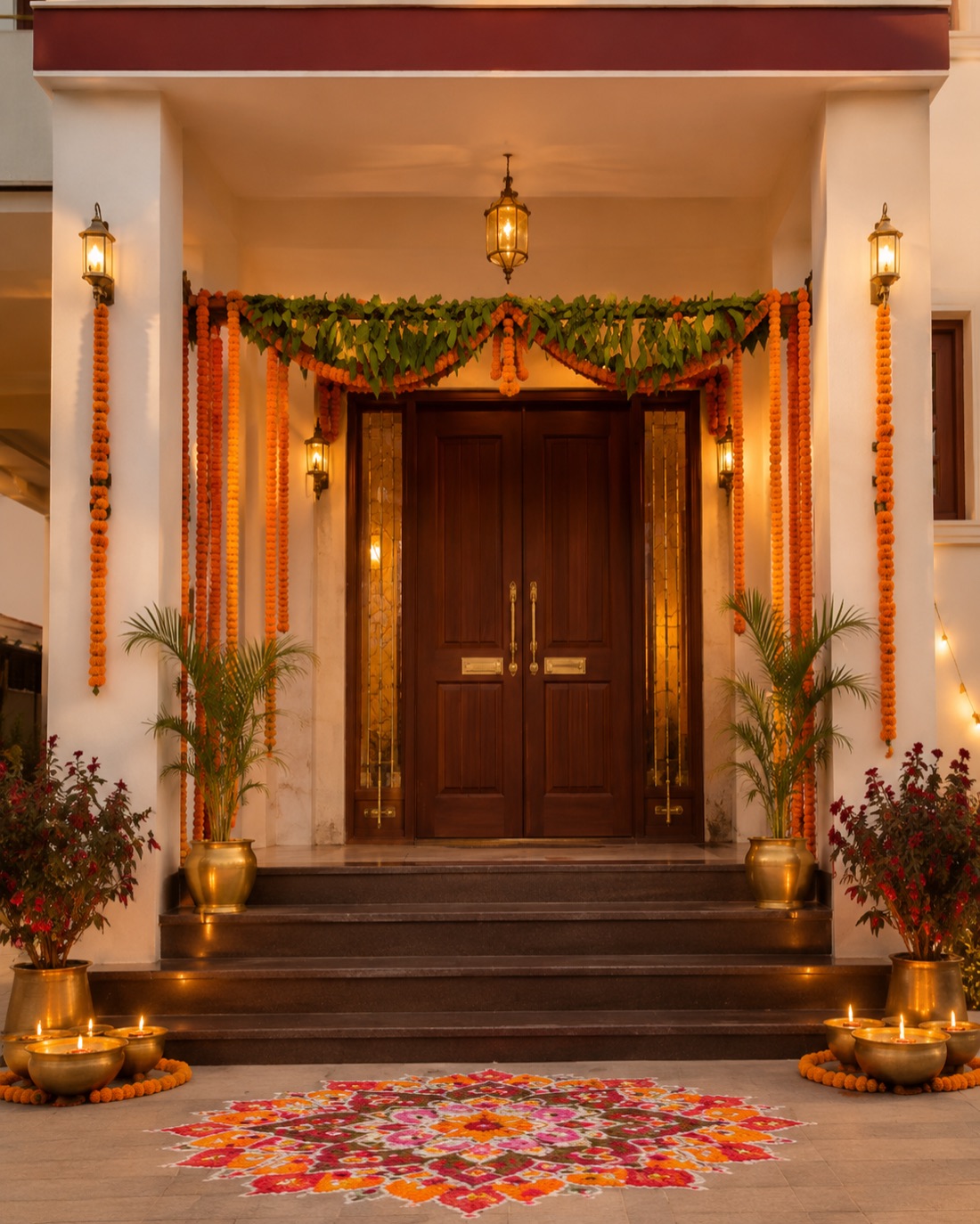 The decorated front door with toran and rangoli