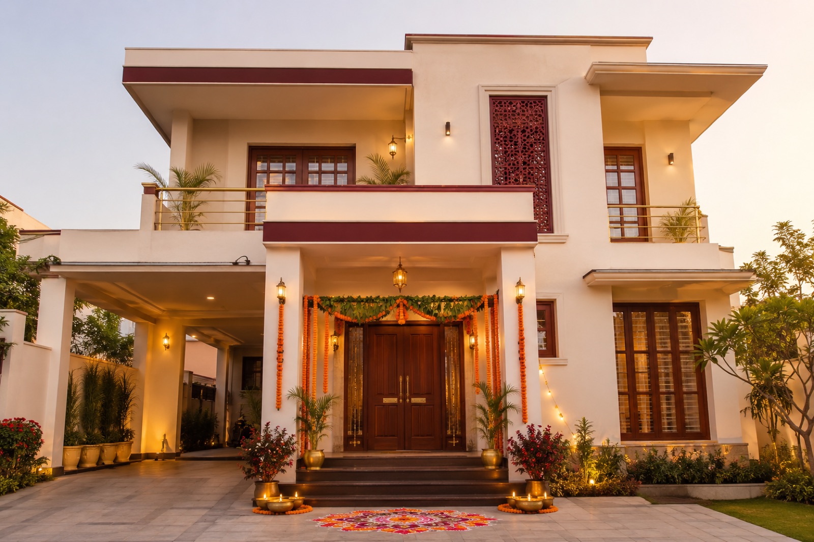 Our new home at dusk, decorated with marigolds and diyas