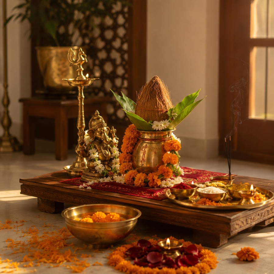 Puja setup with kalash, diyas and marigolds